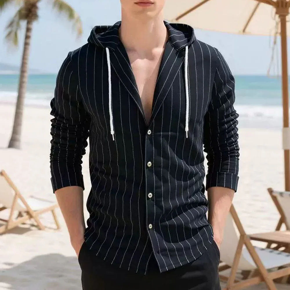 Men's Lightweight Striped Long Sleeve Hooded Shirt | Effortless Vintage Beach Style