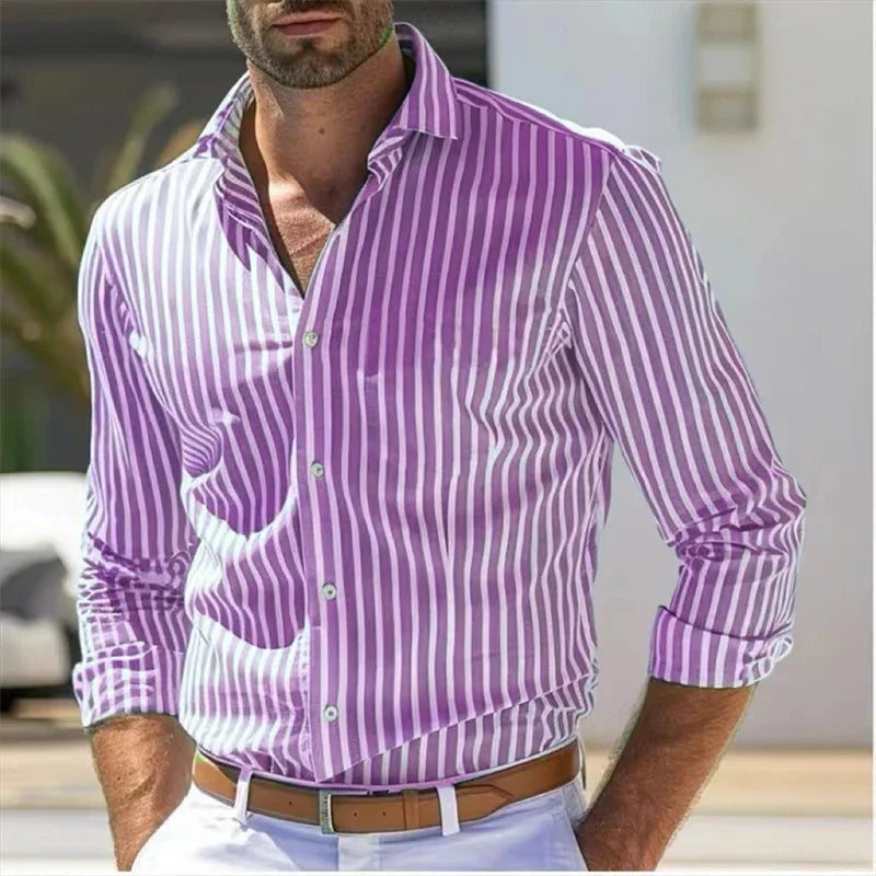 Men's Breathable Cotton Striped Dress Shirt | Tailored Loose Fit for Spring | Refined Everyday Essential
