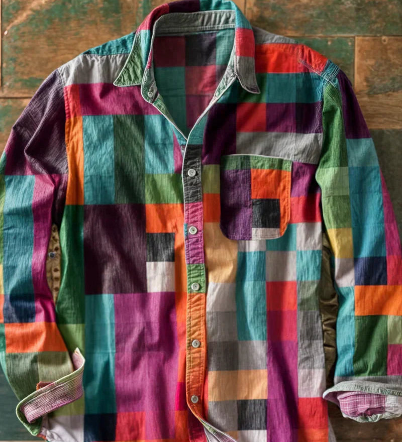 James Oxford Long Sleeve Colour Block Patchwork Shirt for Men