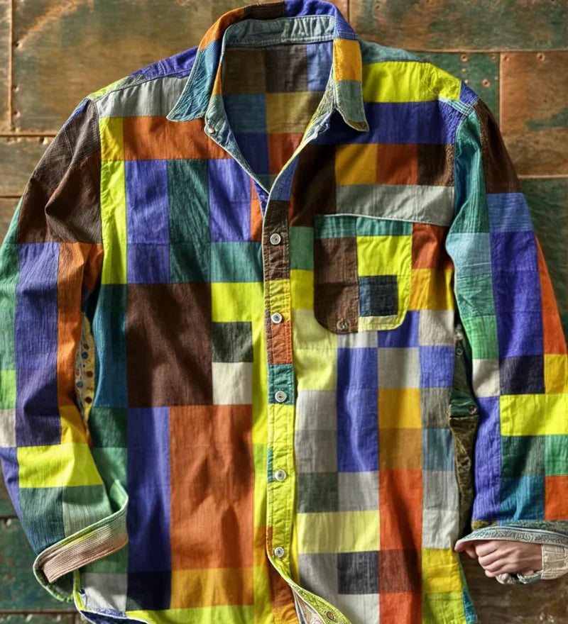 James Oxford Long Sleeve Colour Block Patchwork Shirt for Men