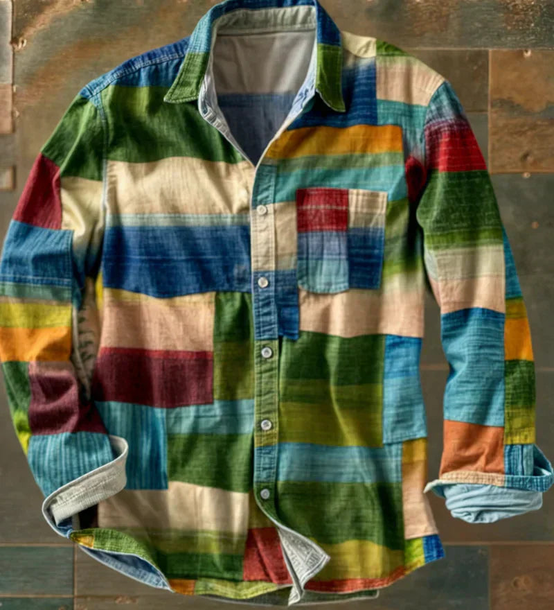 James Oxford Long Sleeve Colour Block Patchwork Shirt for Men