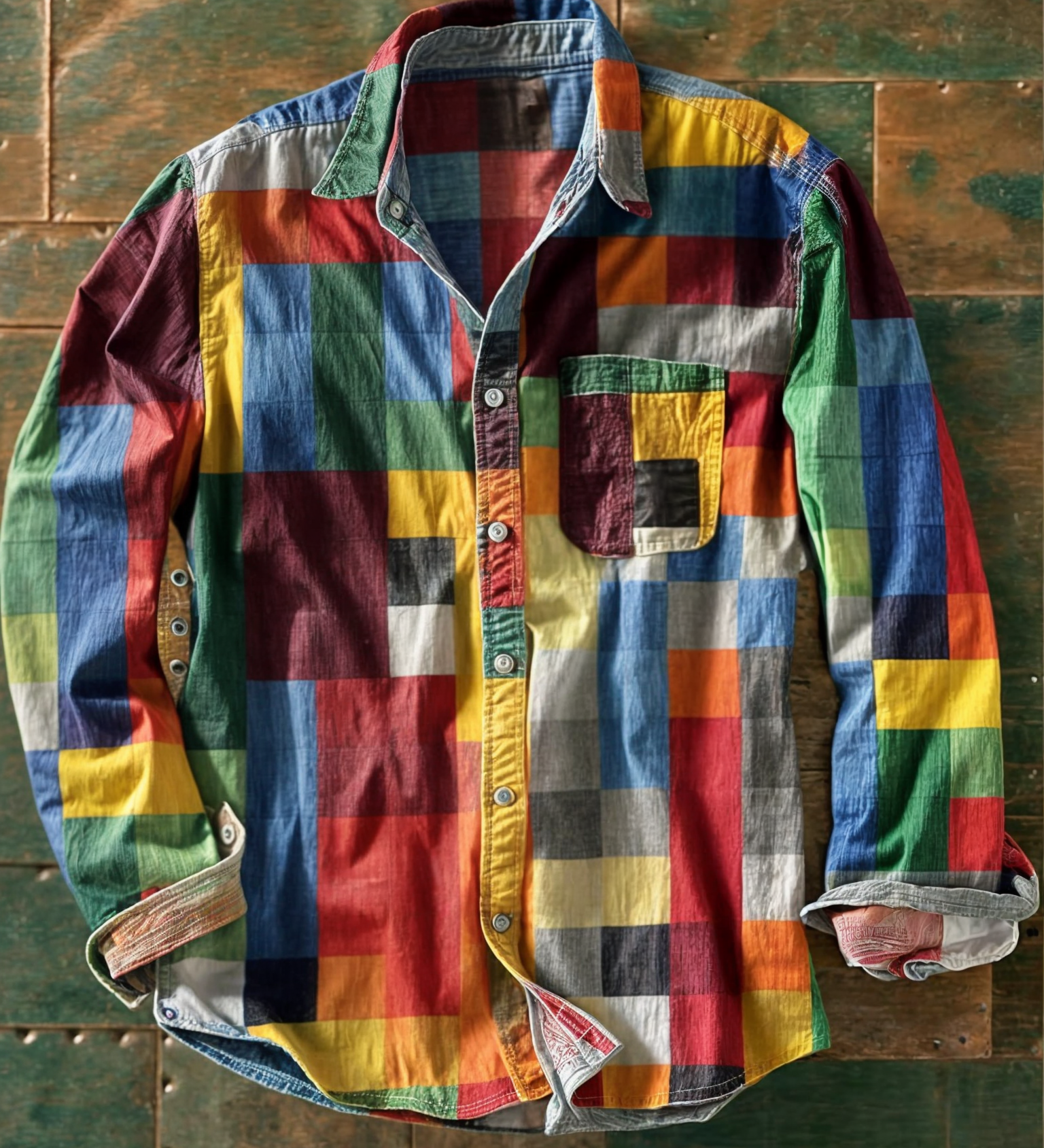 James Oxford Long Sleeve Colour Block Patchwork Shirt for Men